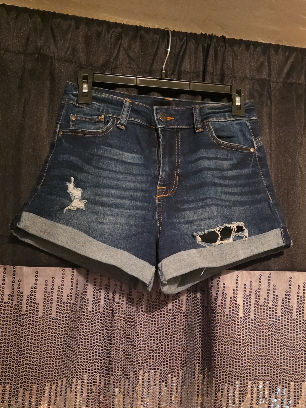 Kendall & Kylie Dark Blue Distressed Rolled Hem Jean Shorts